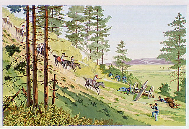 Nez Perce warriors overrun howitzer position and capture ammunition during the Battle of The Big Hole.