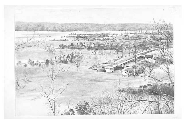 Scene depicts the 1924 flood of the Potomac River at Six Locks near Great Falls.