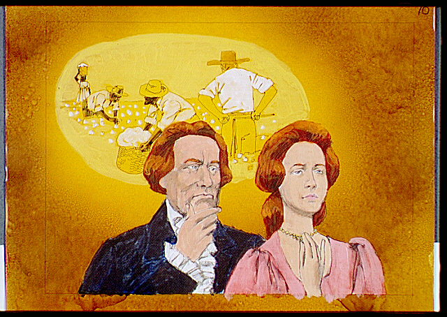 Plantation owners pondering slave labor. Scene of slaves picking cotton shown. The American Revolution caused many white Americans to question slavery, thereby hastening the end of this indignity.