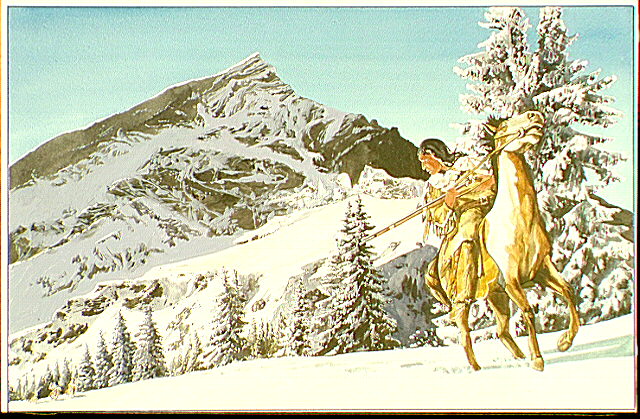 Cayuse Indian on horseback fleeing into snow-covered mountains.