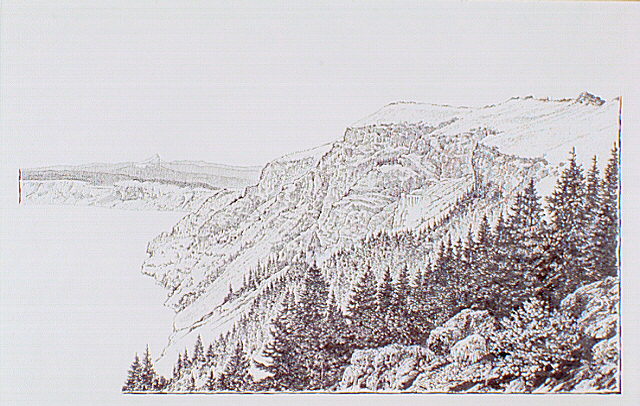 View of the caldera wall from the Castle Rock Overlook at Crater Lake. Highlighted are Crater Lake, Caldera wall, Roundtop, Mount Thielsen, Wineglass, Talus slide, Redcloud Cliff, and Pumice Castle.