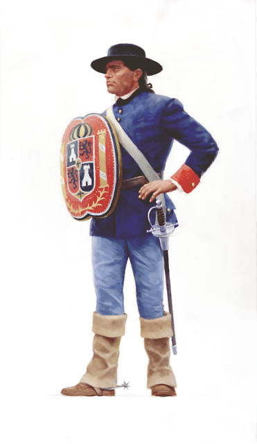 a Spanish soldier with sword and shield