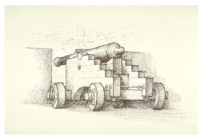 either a four-pounder or six-pounder cannon on a carriage.