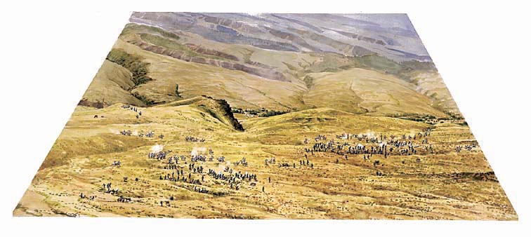 Bird's-eye panoramic scene depicts the height of the main action fighting and the beginning of the soldier's retreat against the Nez Perce attack during the Battle of White Bird Canyon, June 17, 1877.