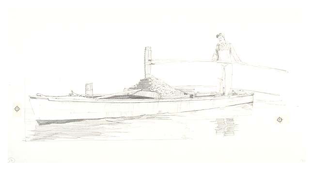 Illustration depicts a waterman tonging for oysters.