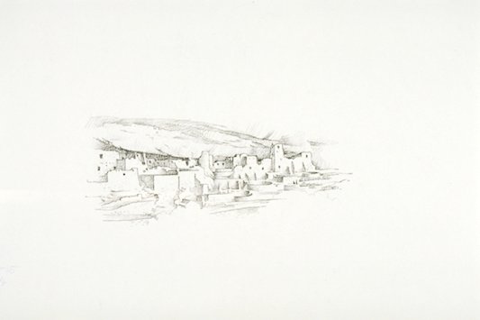 Illustration depicts an artist's reconstruction of Cliff Palace as it may have appeared about 1200 CE (Common Era).