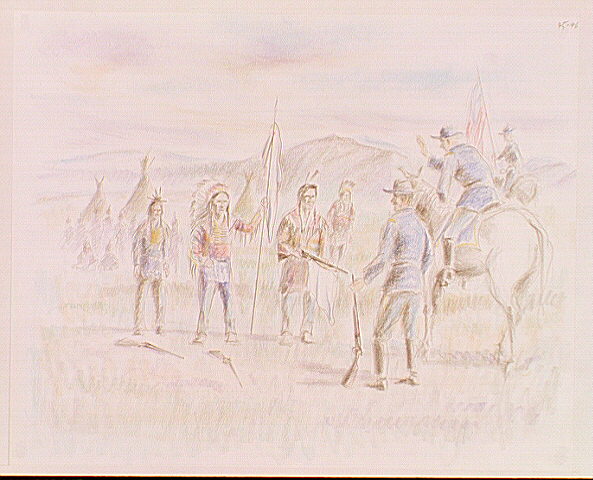 Nez Perce, under white flag of truce, talking with United States soldiers.