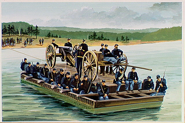 Union Armies on flat boat with cannon crossing the Chattahoochee River.