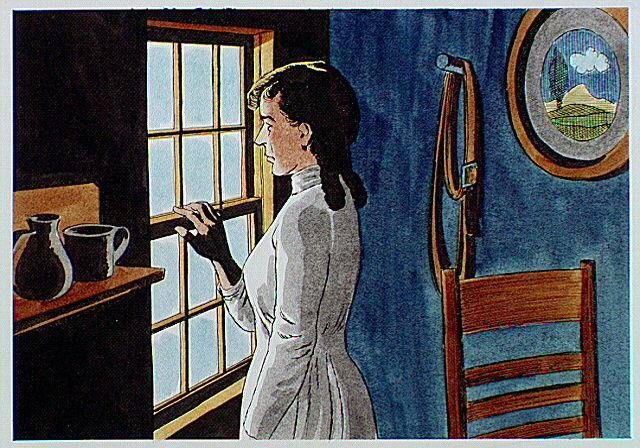 Woman looking out window waiting for husband to return from a military action.