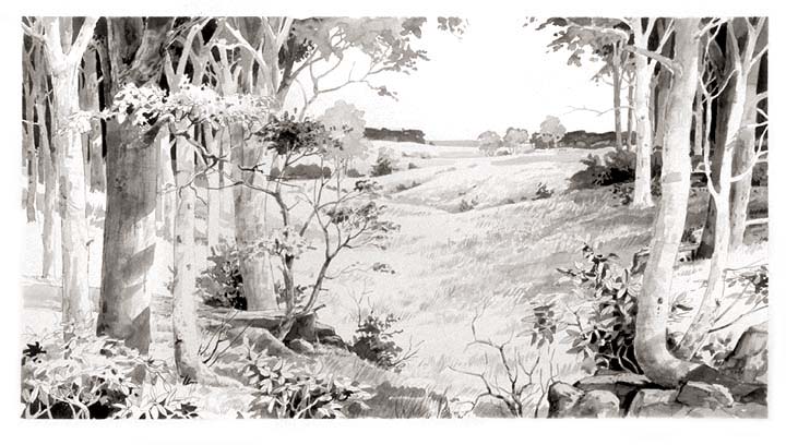 Wooded scene looking out over partially open fields.