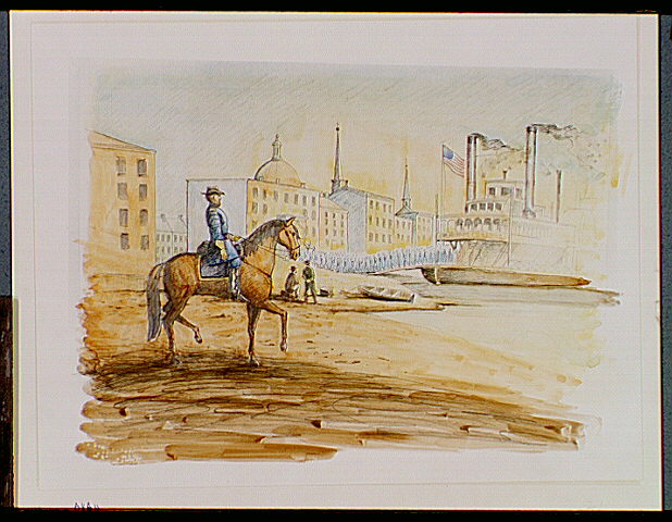 Detachment from Fort Riley, Kansas disembarks from a Missouri riverboat into St. Louis. A mounted Brigadier General Nathaniel Lyon observes action from shore.