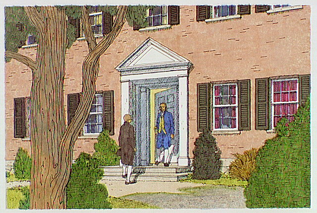 Colonial men having a conversation at the door of a brick house.