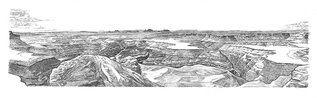 Scenic view depicts Goosenecks formations or entrenched meanders of the San Juan River with Monument Valley in the distance.