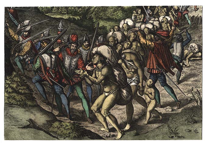 Hand-colored photocopy of De Bry engraving depicts Indian porters.