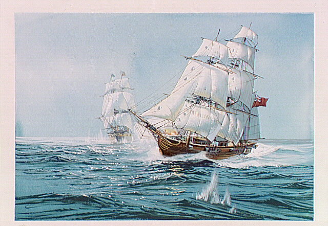 Two frigates engaged in sea battle.