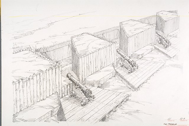 Mounted cannon along a section of Fort Frederica's parapet.