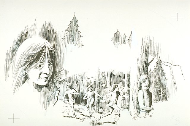 Detail of a Native American Indian girl's face floating above Native American Indian children playing hide-and-seek among grove of trees.