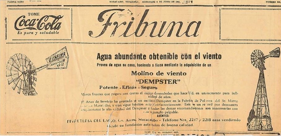 Black text on tan newspaper parchment. Text is in Spanish and the advertisement contains two photo of windmills.