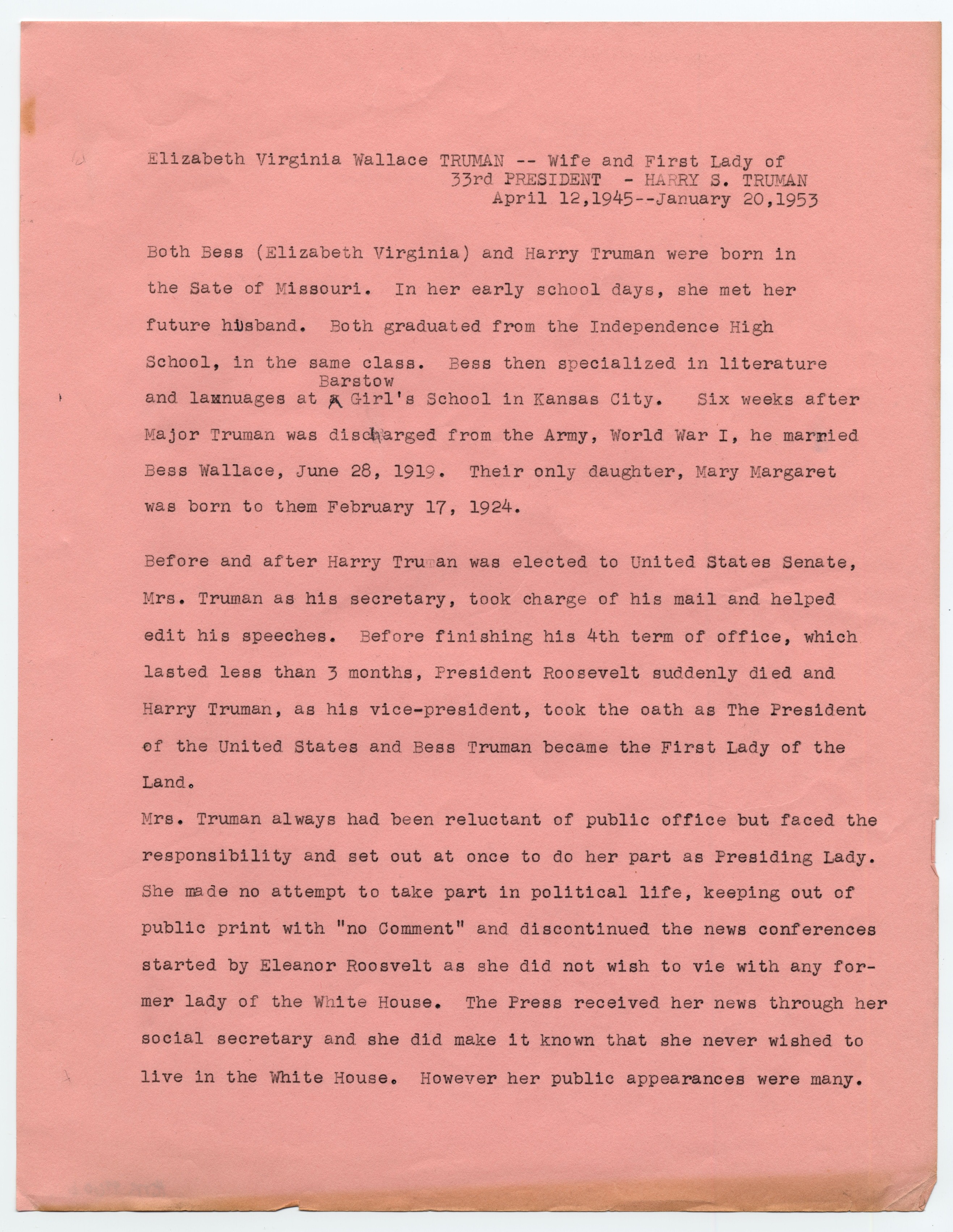 The sketch is typed on six pages, some of different colors.