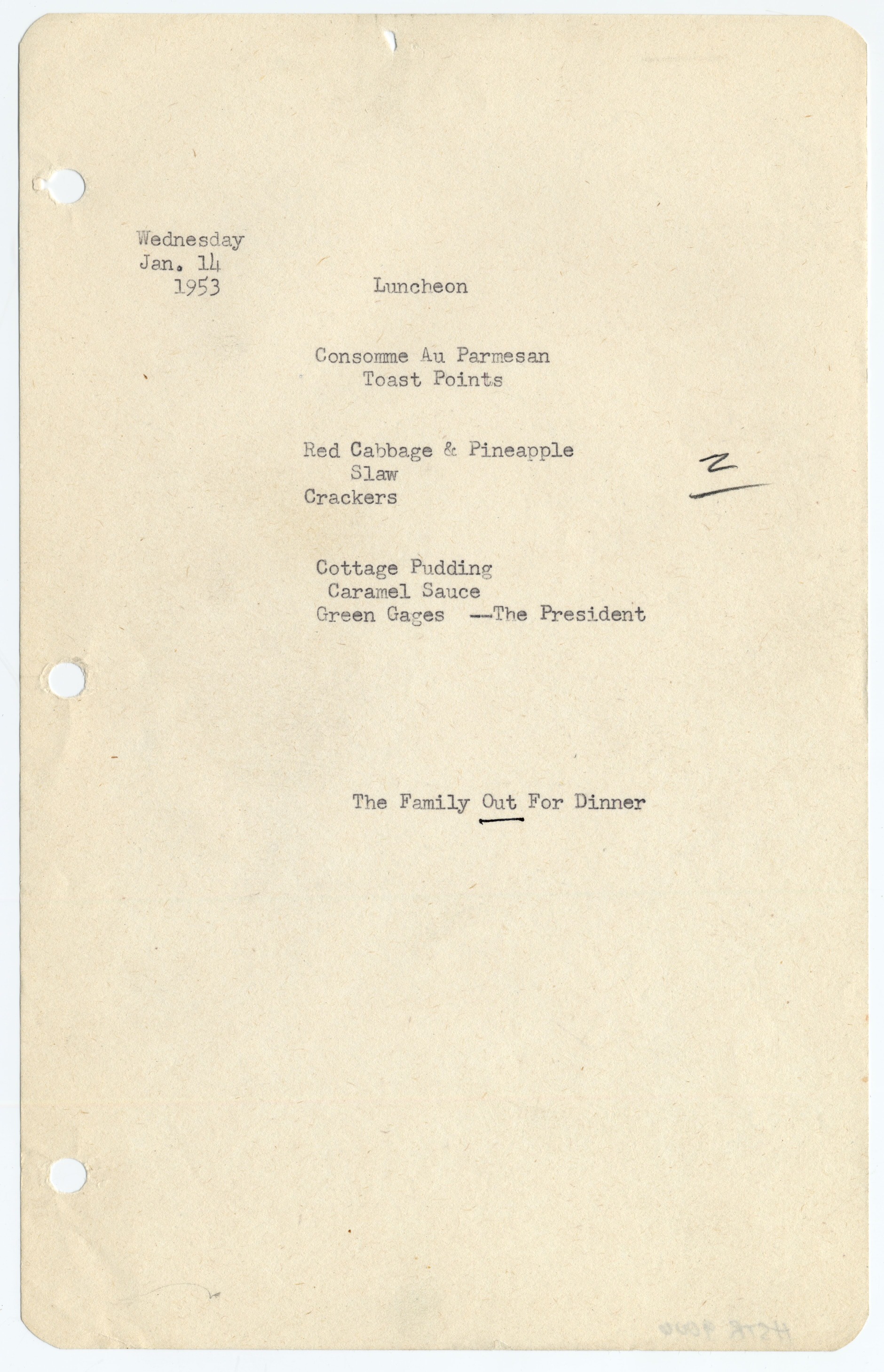 Menus typed on white paper with three hole punches on the left side.