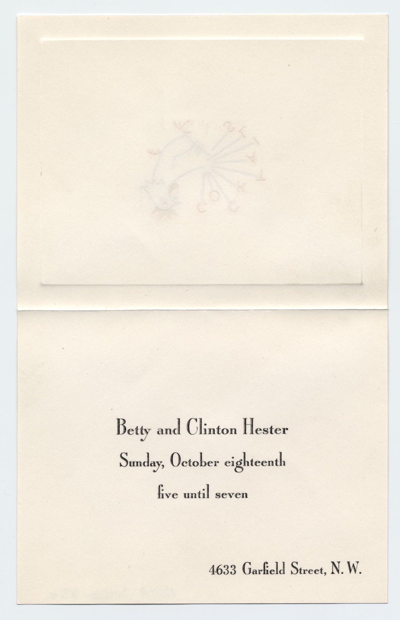 The invitation is printed inside a card with an illustration of a rooster with tail feathers that spell "cocktails."