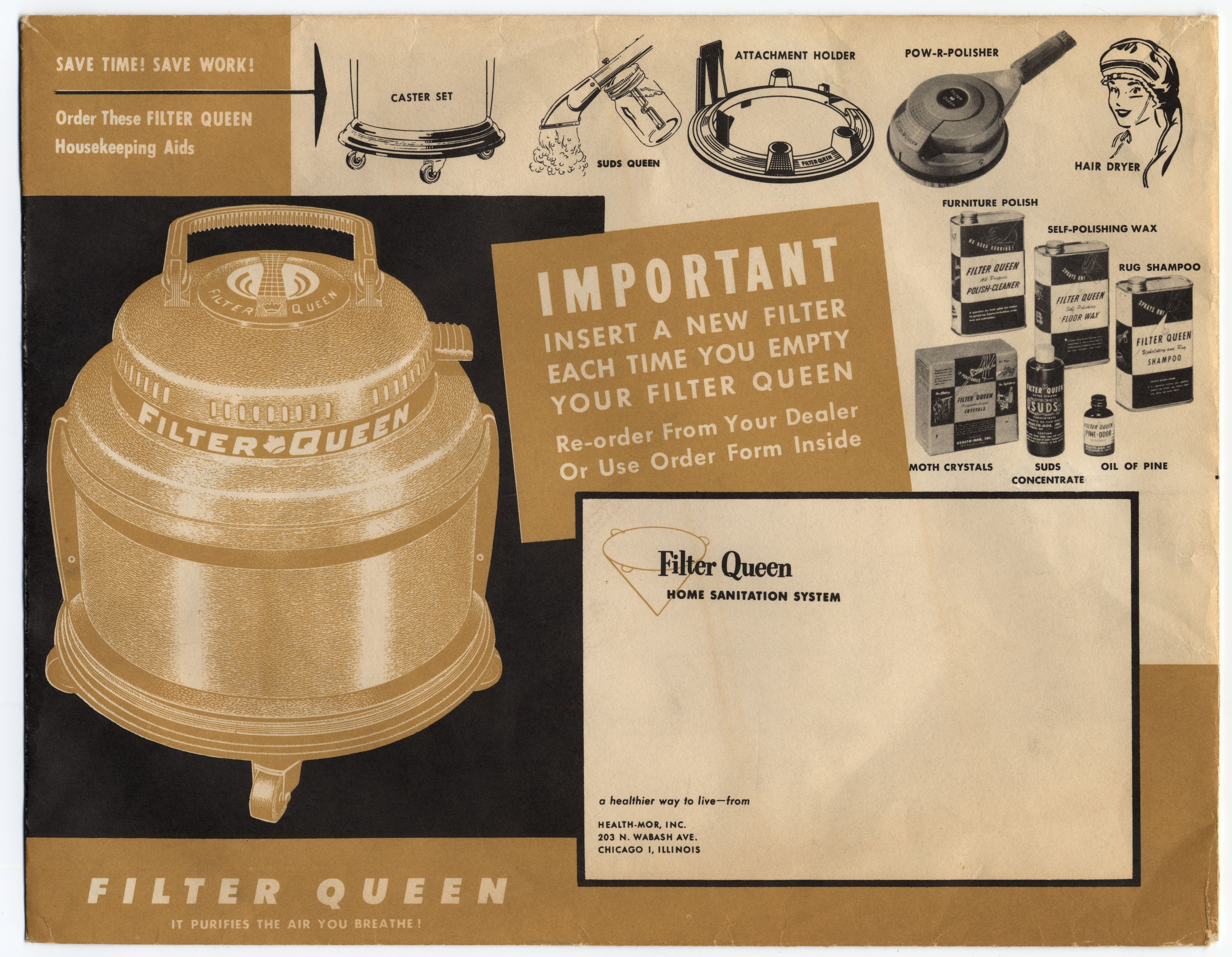 A tan and black envelope like package with Filter Queen logo and products on the front.