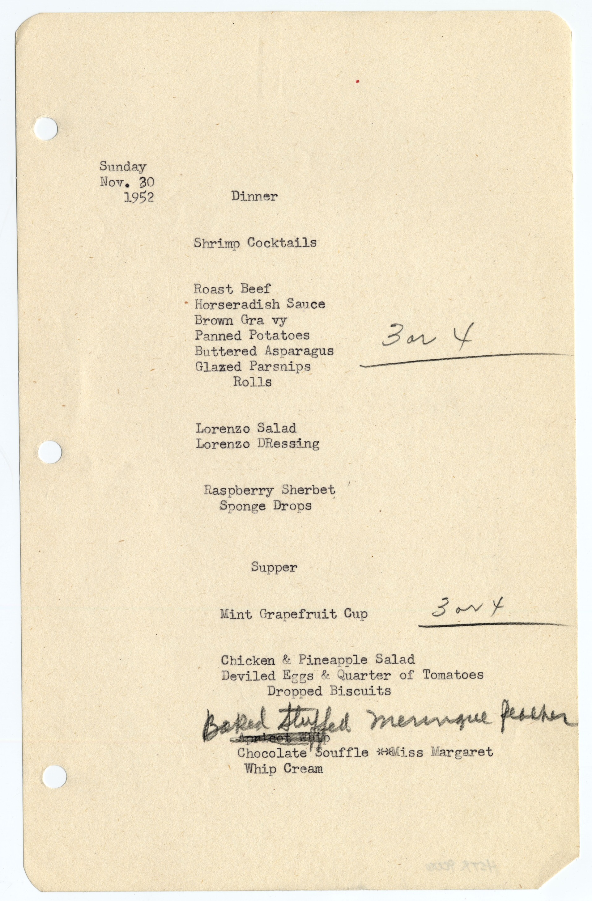 Menus typed on white paper with three hole punches on the left side.