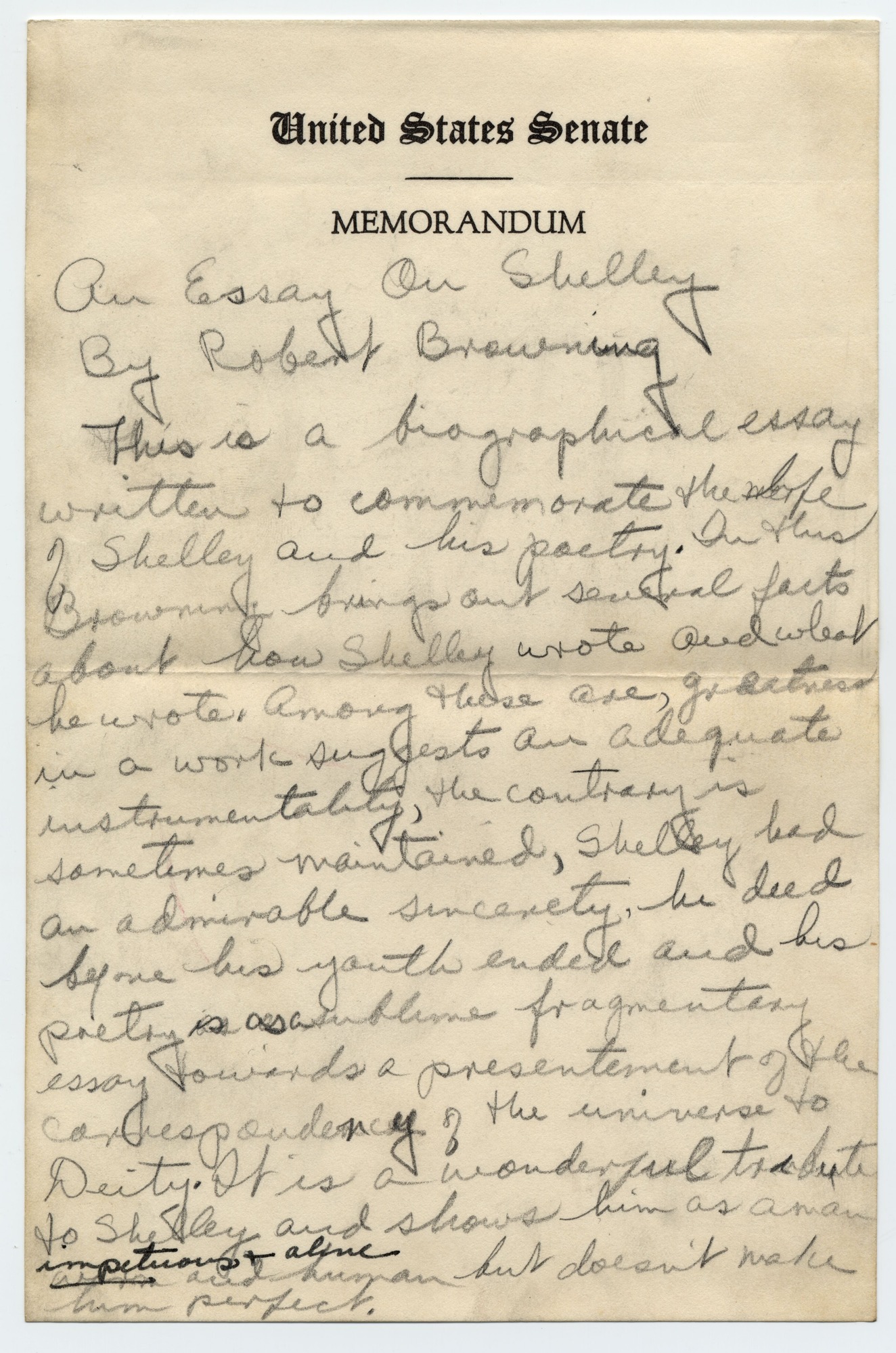 The notes are mostly written on US Senate Stationary in pencil. Some are written on lined notebook paper.