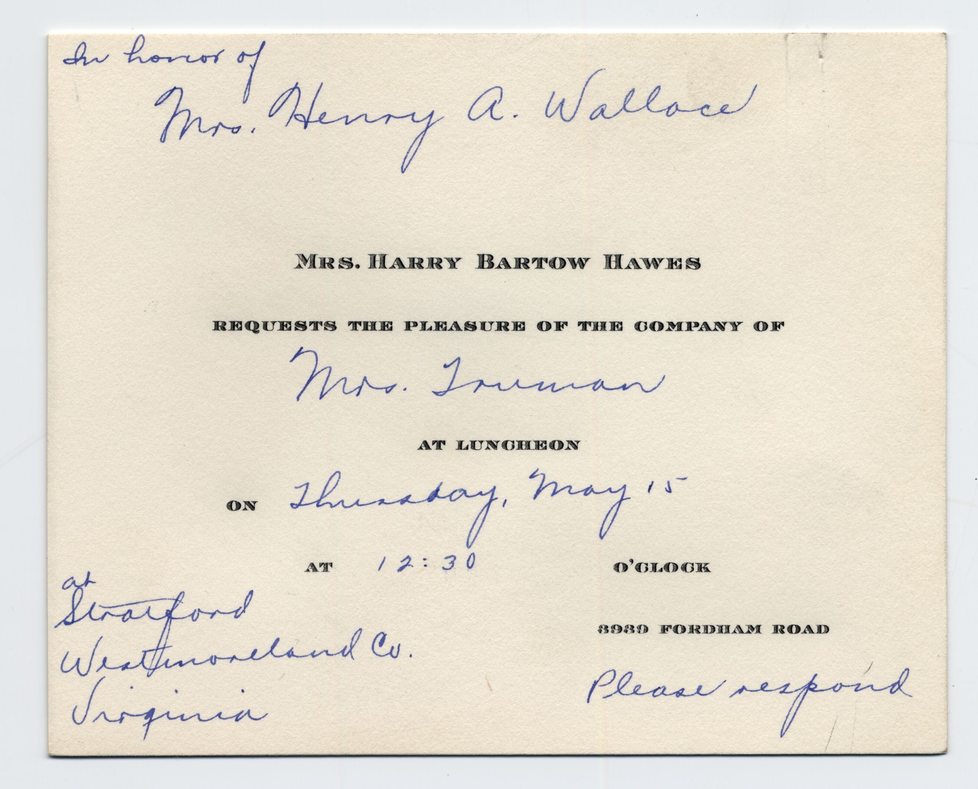 The invitation is printed and written on white cardstock.