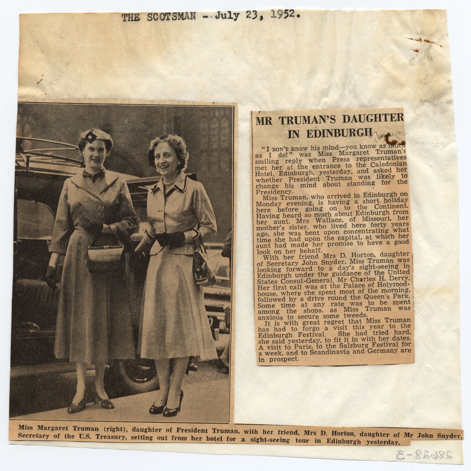 Two newspaper clippings glued to a piece of white paper with the name and date of the newspaper typed at the top.