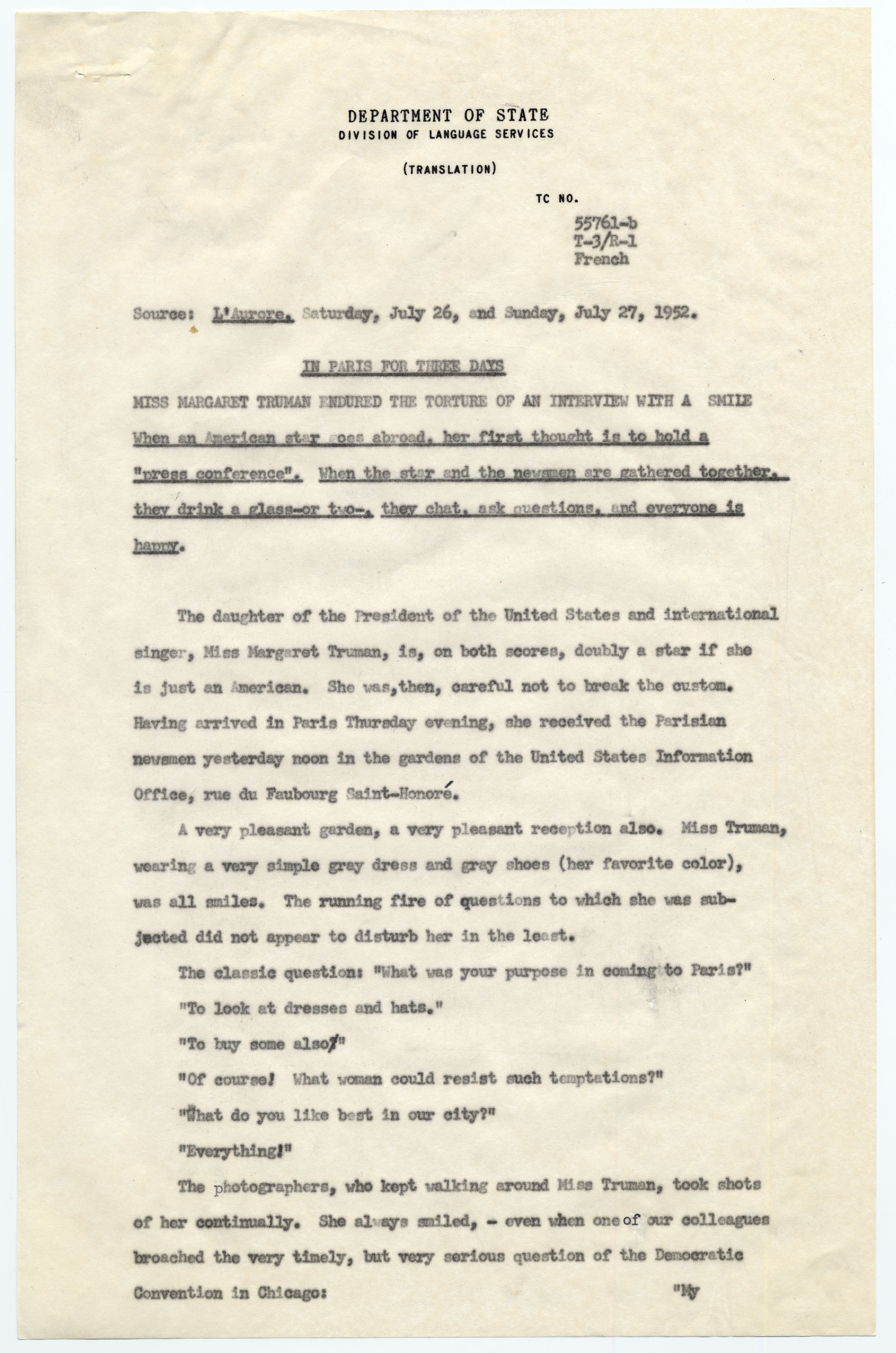 Two pages of translated French newspaper articles typed on copy paper.