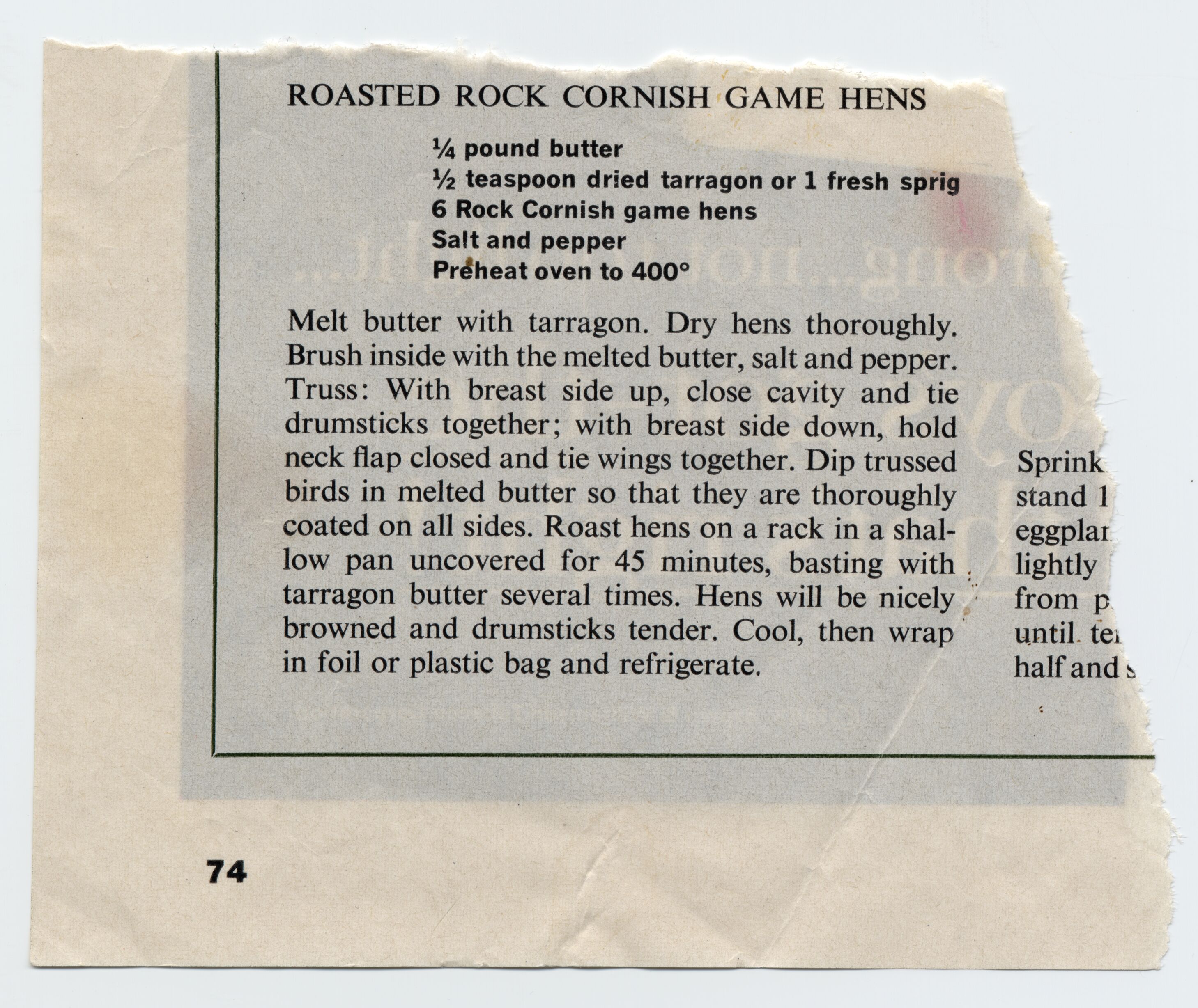 A recipe cut out of a magazine.