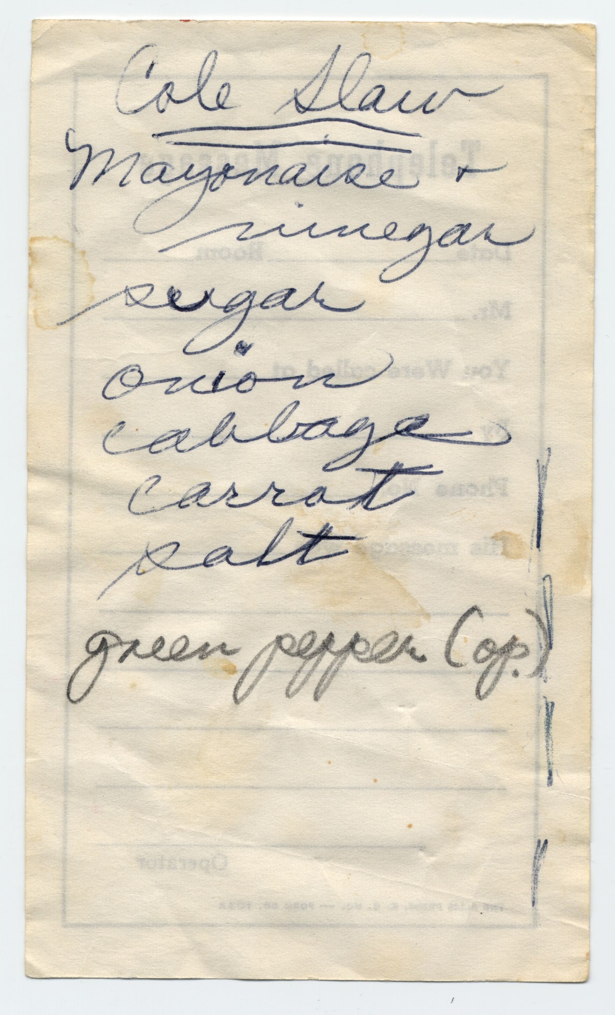 A recipe written on the back of a telephone message form. The recipe is written in pen and pencil.