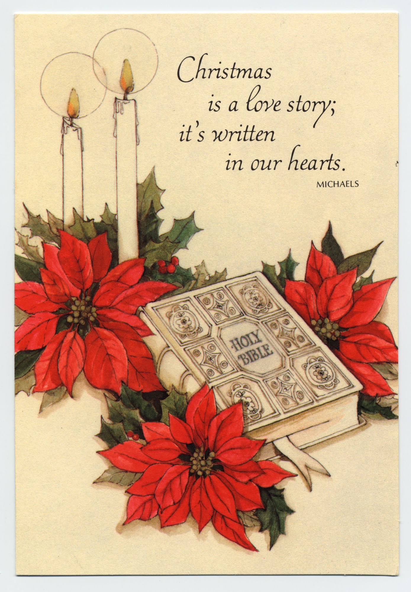 A card with an illustration of a bible, candles, and poinsettias on the front