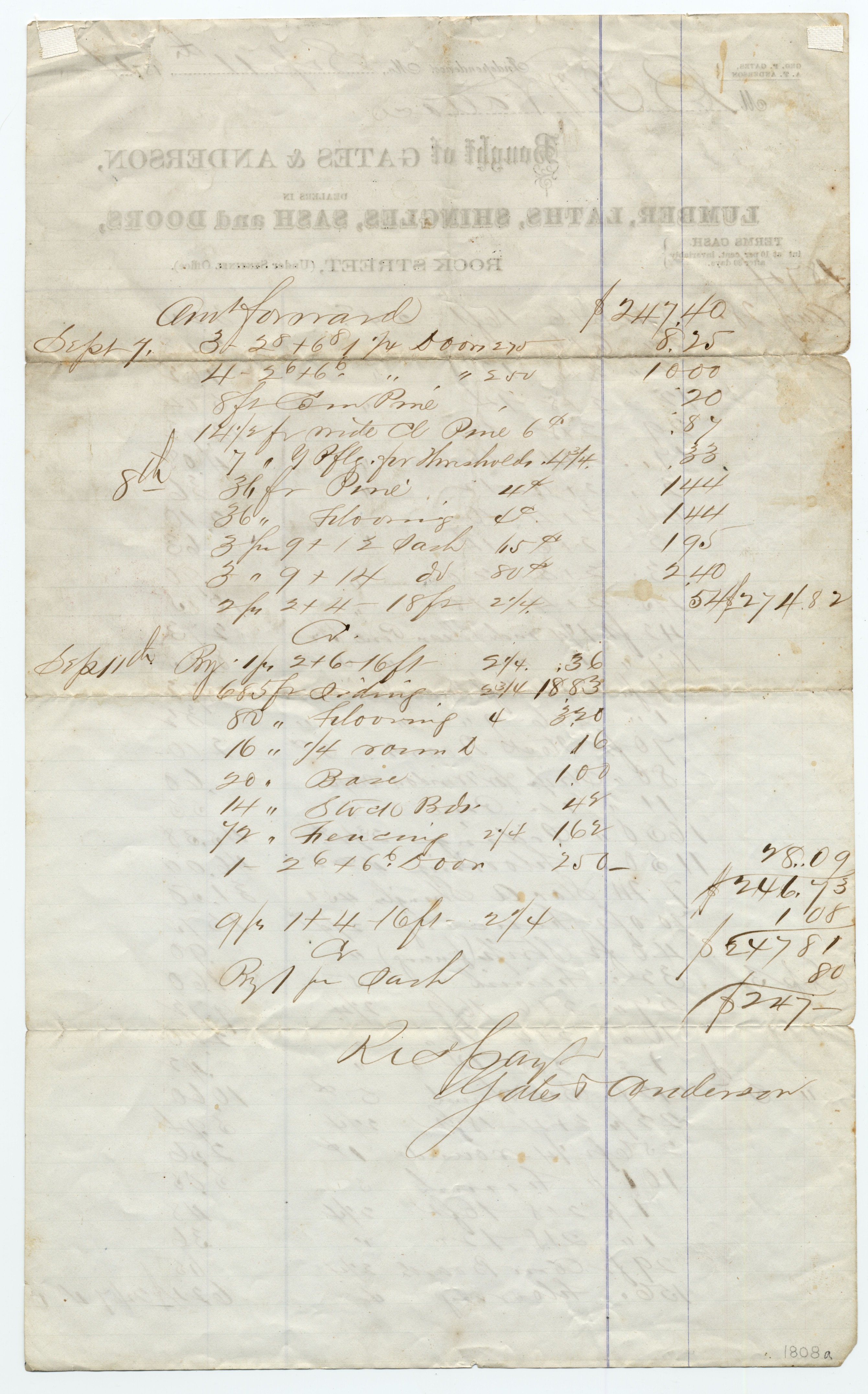 A long receipt with the company name at the top and dates, materials, and cost written in brown ink.