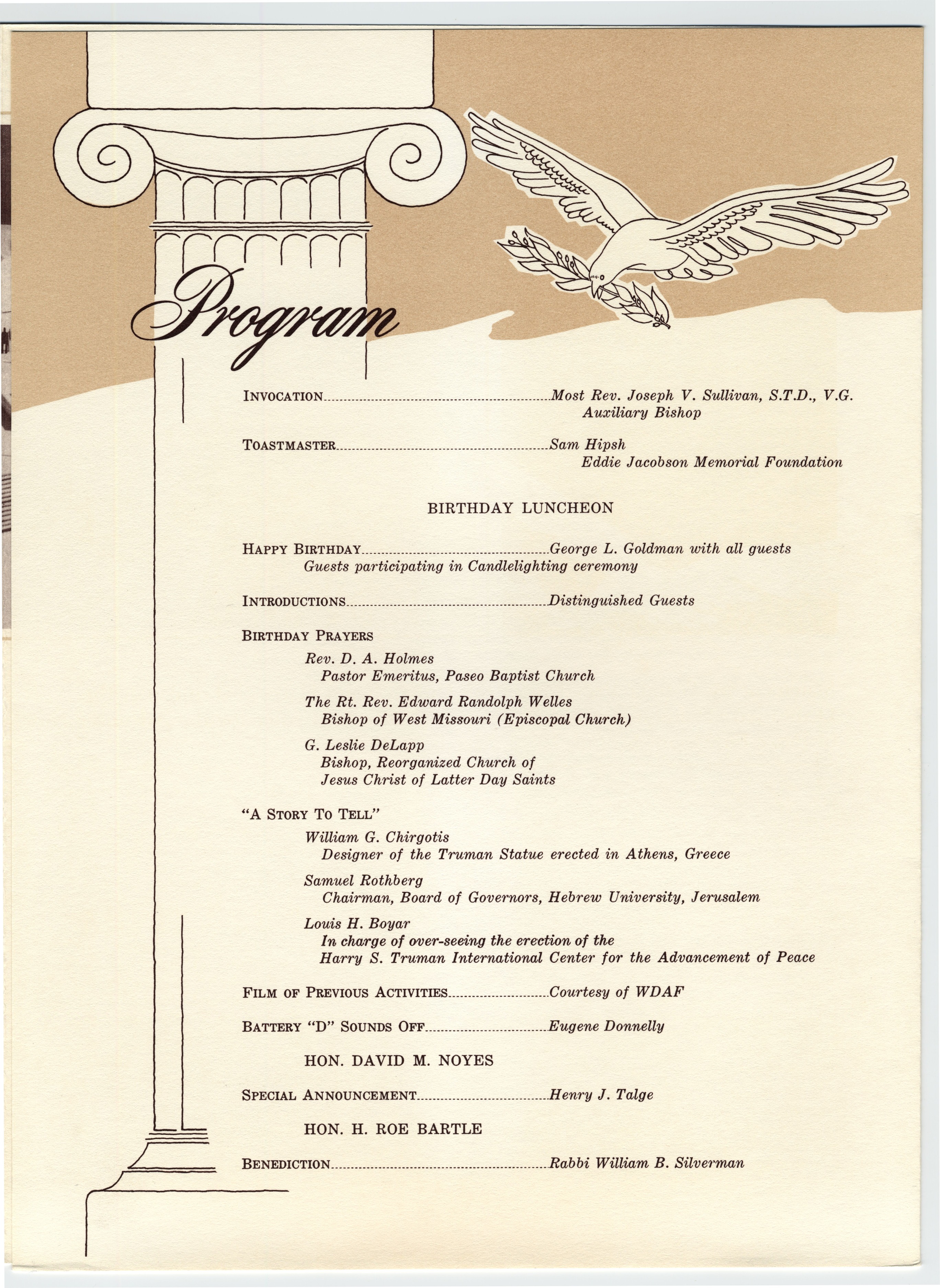 A program with a photo of Truman on the front in a frame with an illustrated dove and a tan colored background. Inside is the list of events and a dove and column.