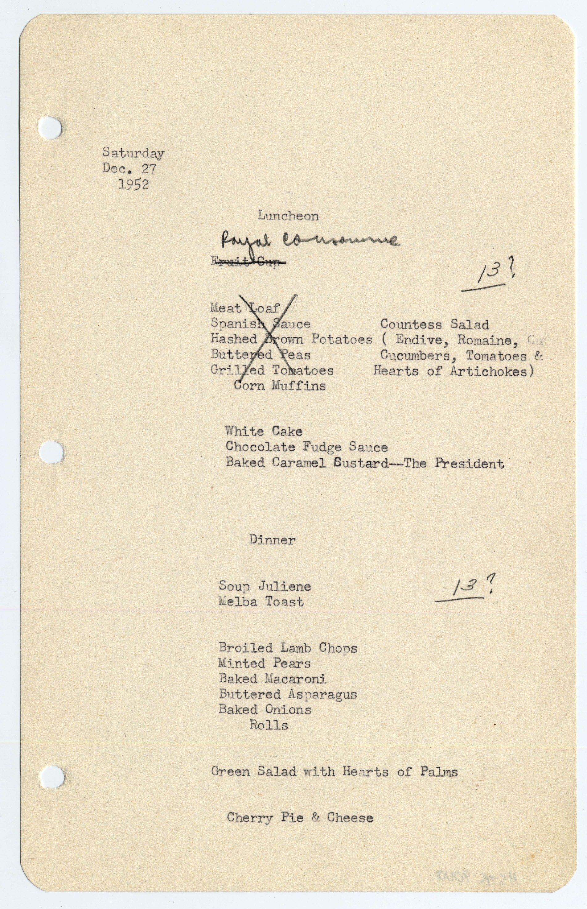 Menus typed on white paper with three hole punches on the left side.