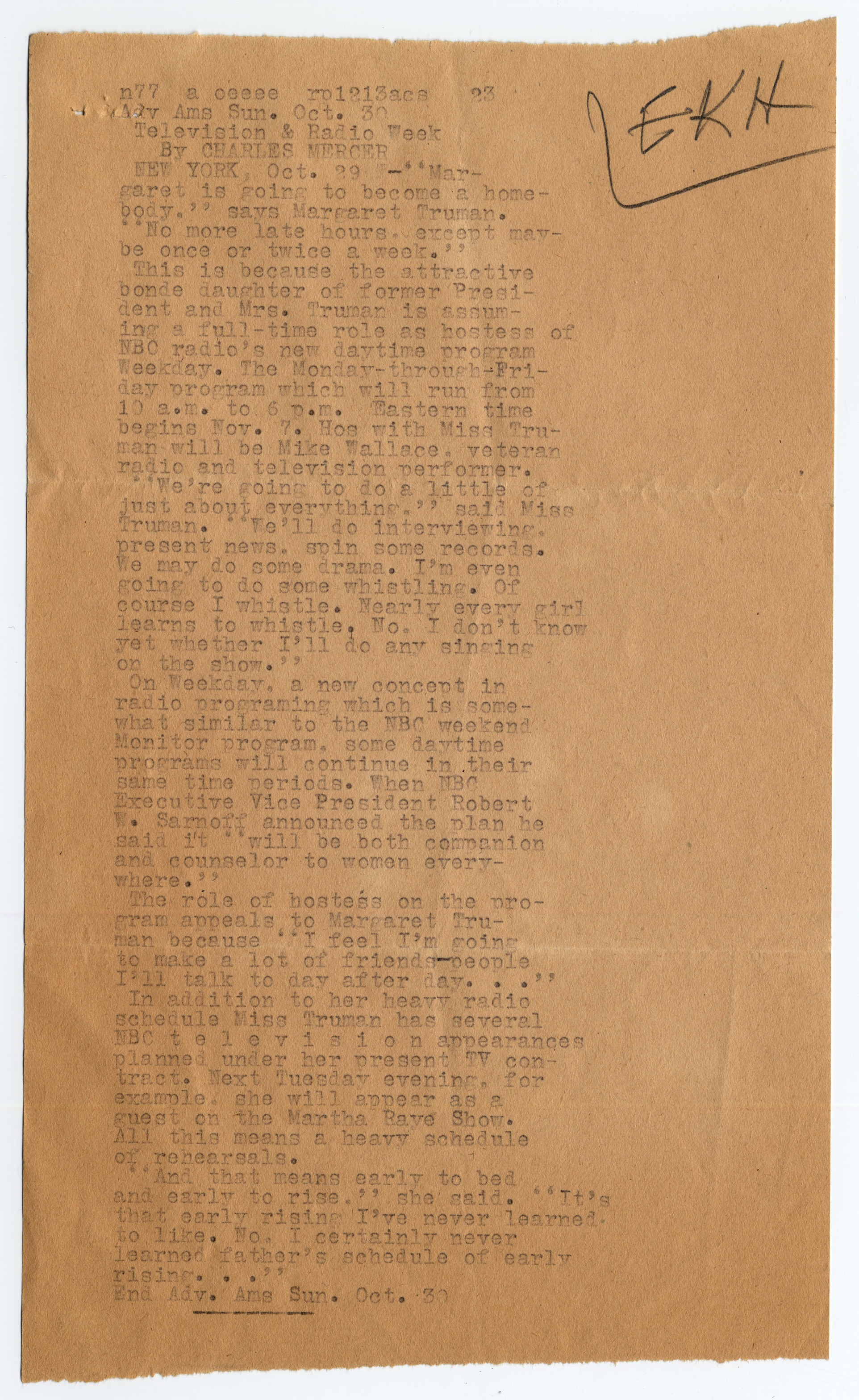 A press release typed onto tan paper with pencil markings in the top right corner.