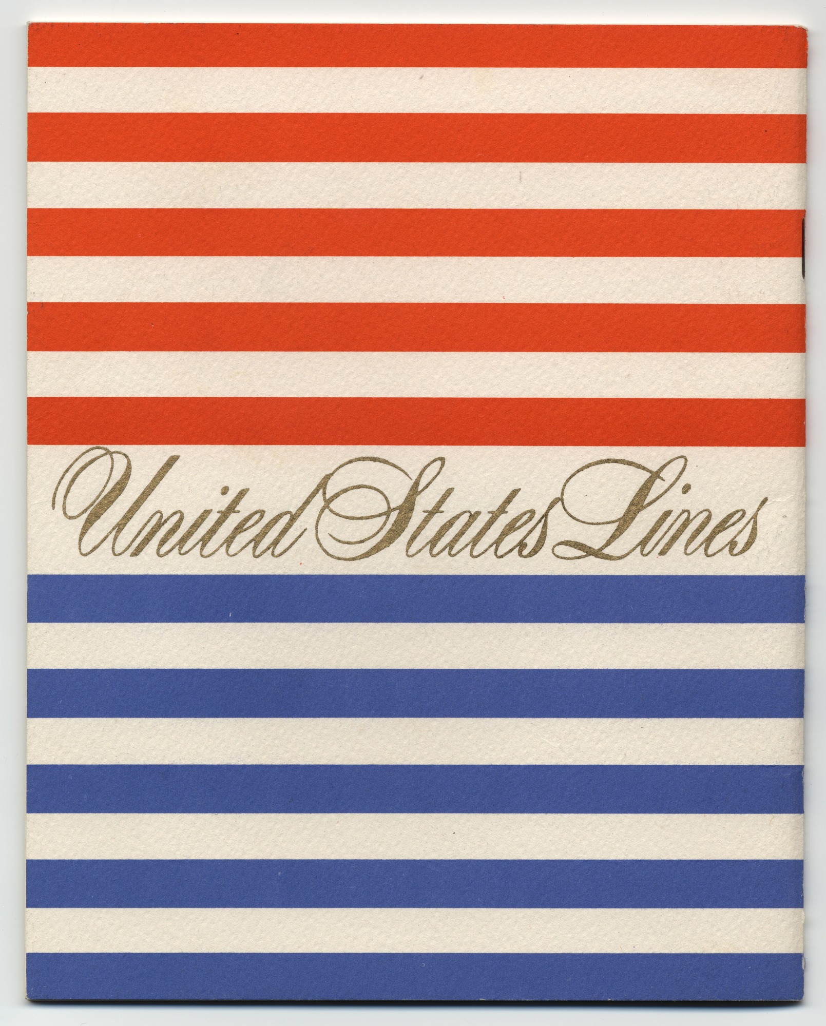 A small booklet with a red and blue striped cover. The booklet has 34 pages and the words are printed in blue ink.