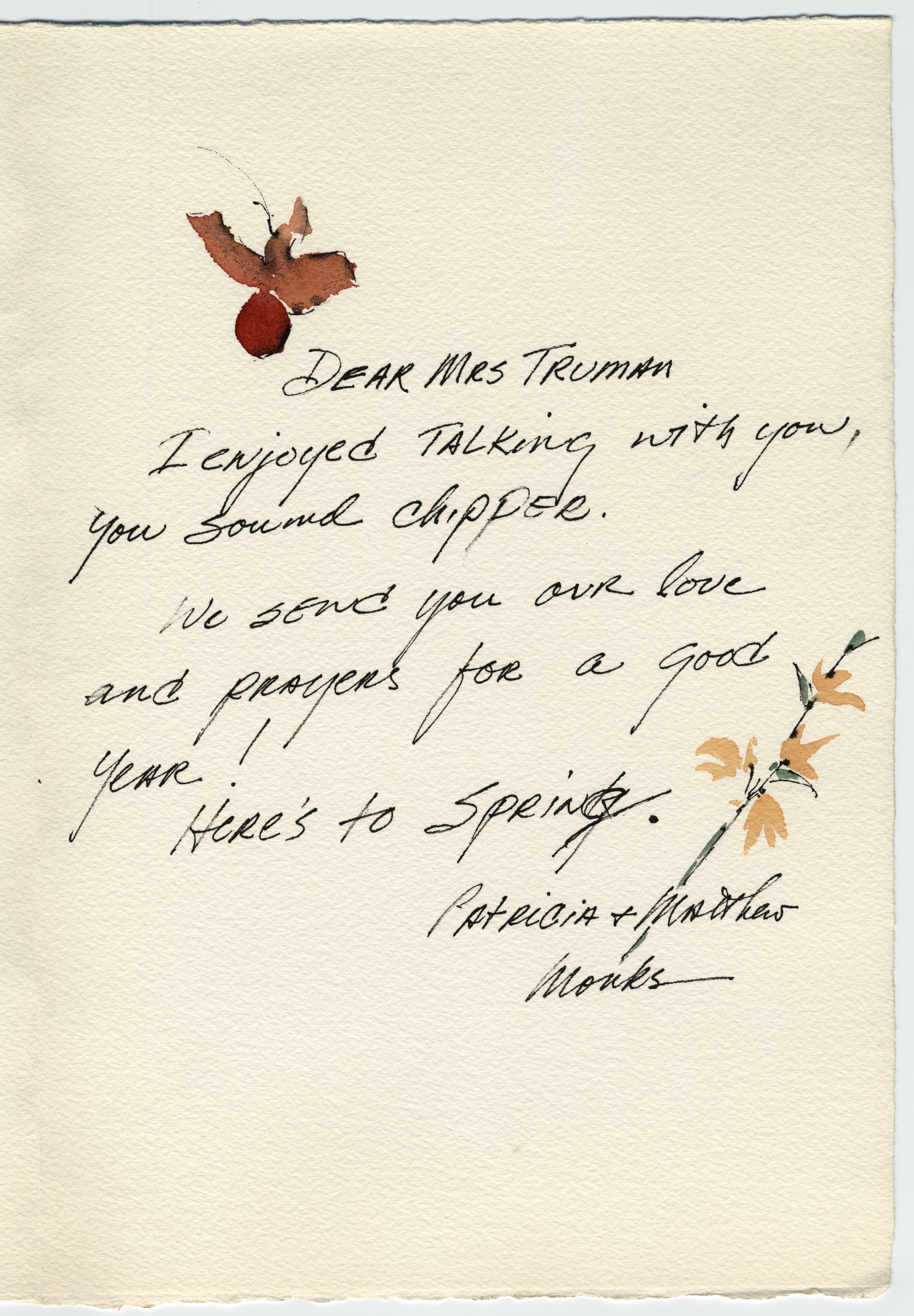 A greeting card with a watercolor painting of a vase and flowers on the front and a note written inside the card.