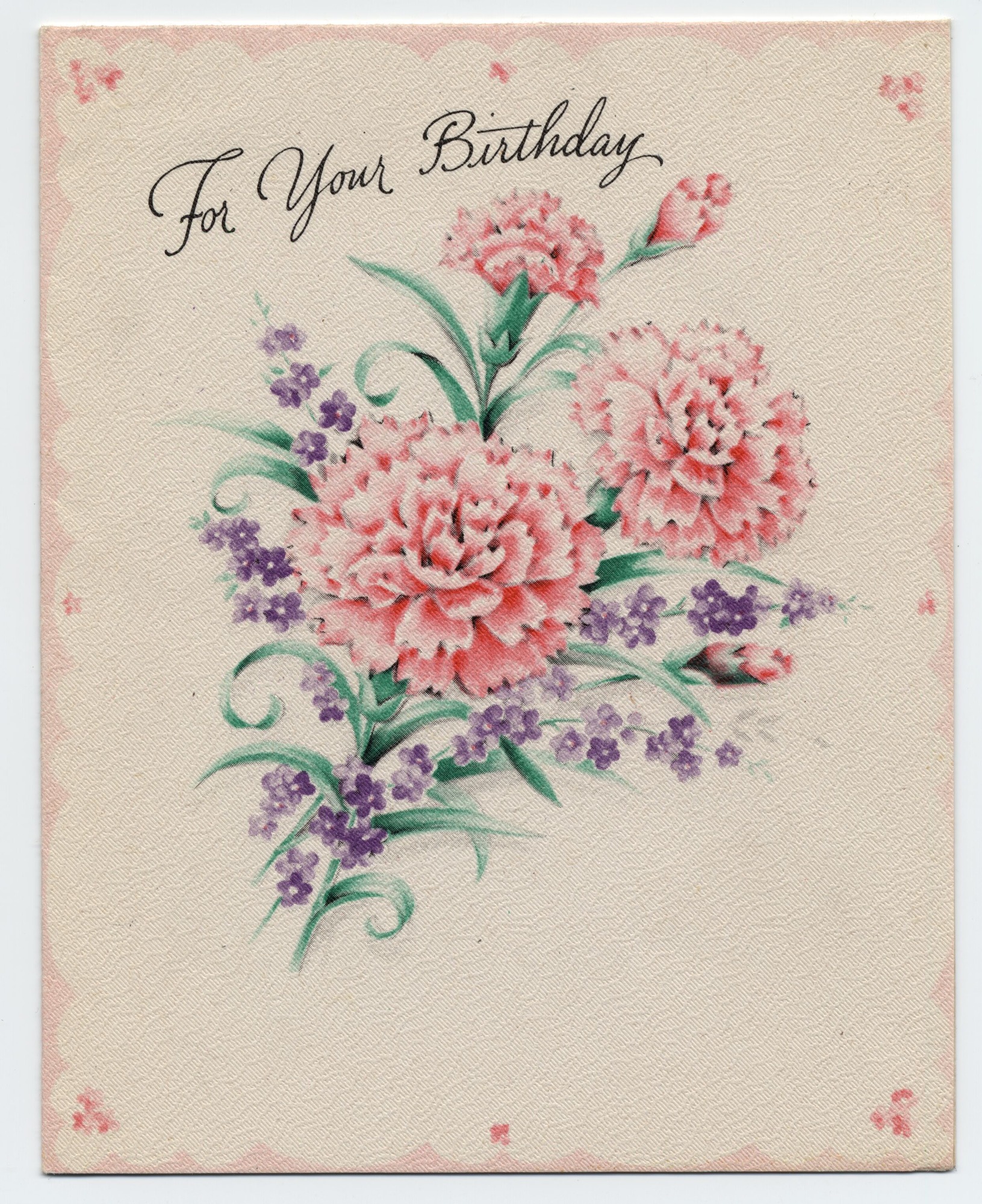 A birthday card with pink and purple flowers on the front. Inside, on the left is a handwritten note from Helen and on the right is a printed poem.
