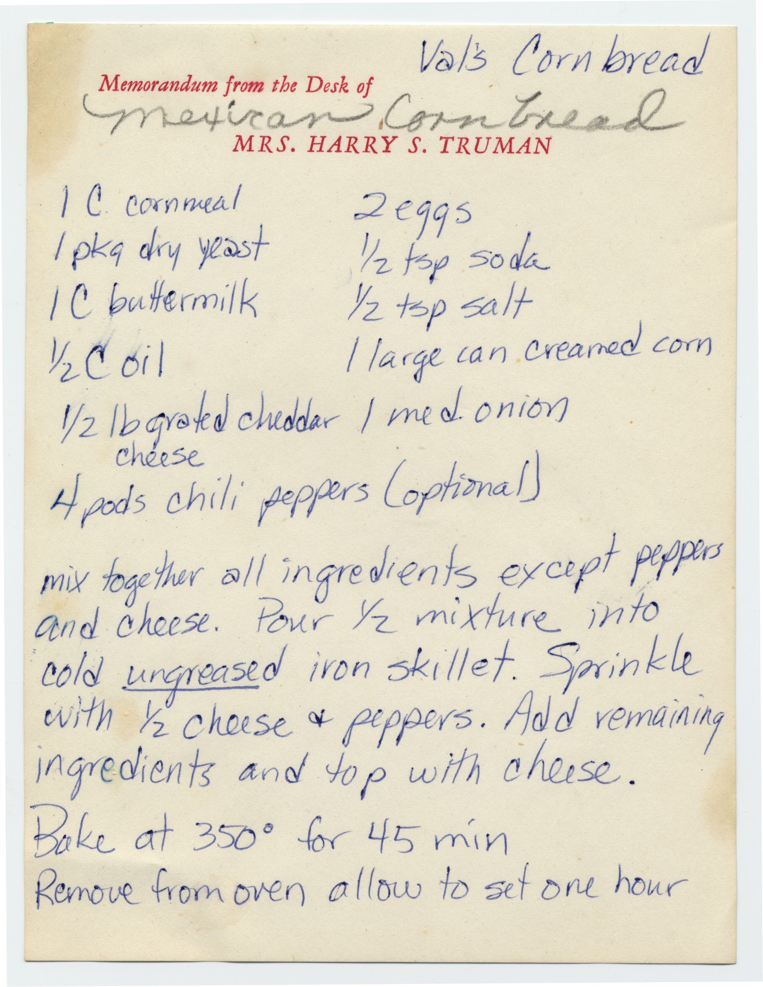 A recipe writing in blue pen on white stationary.