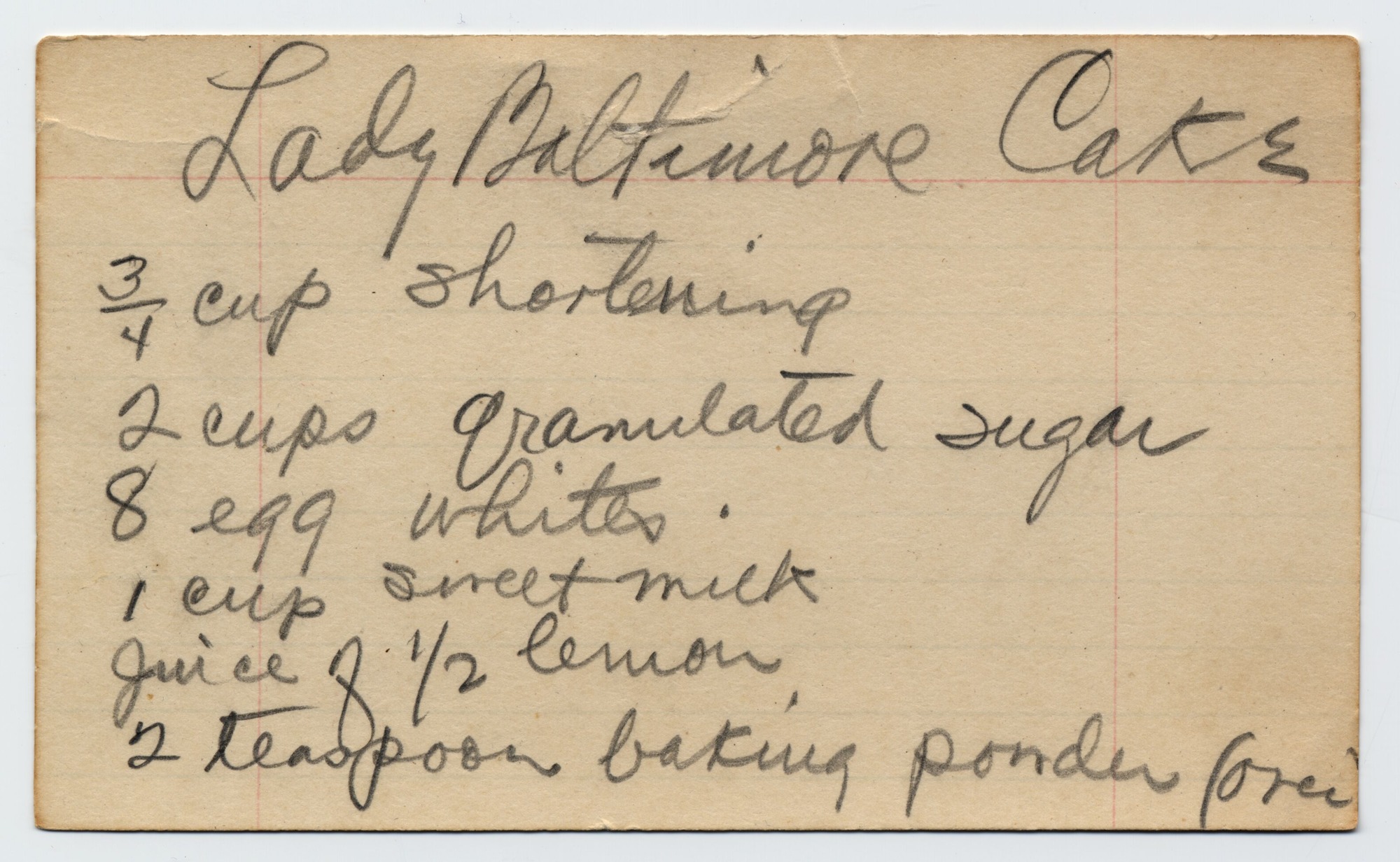 A recipe written in pencil on both side of a note card.