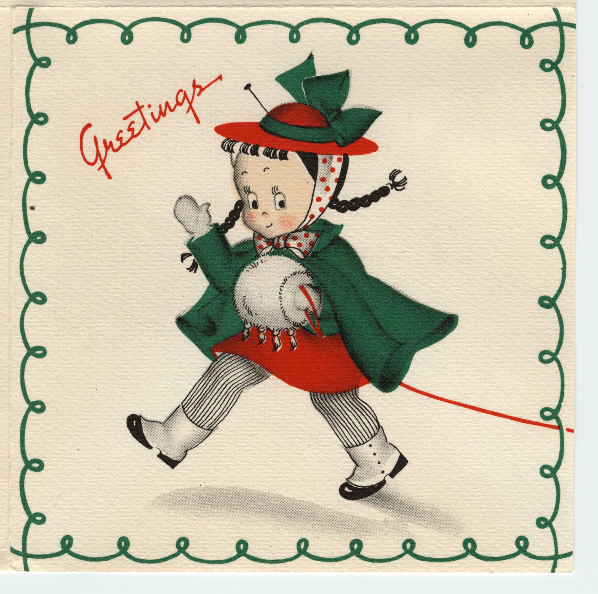 A Christmas card with an illustration of a girl in a coat on the front and a reindeer on a sled in the middle.