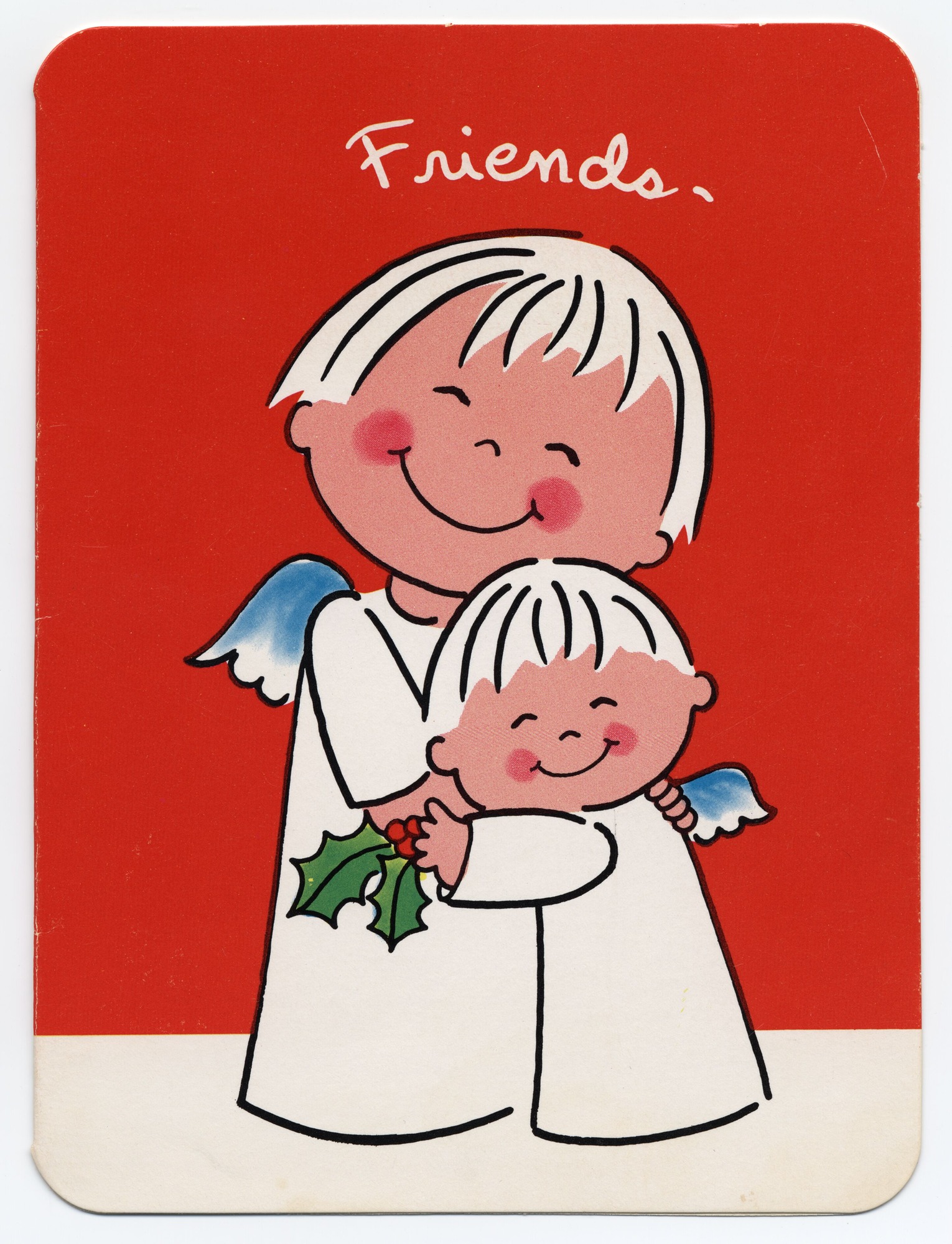 A card with an illustration of two angels hugging.