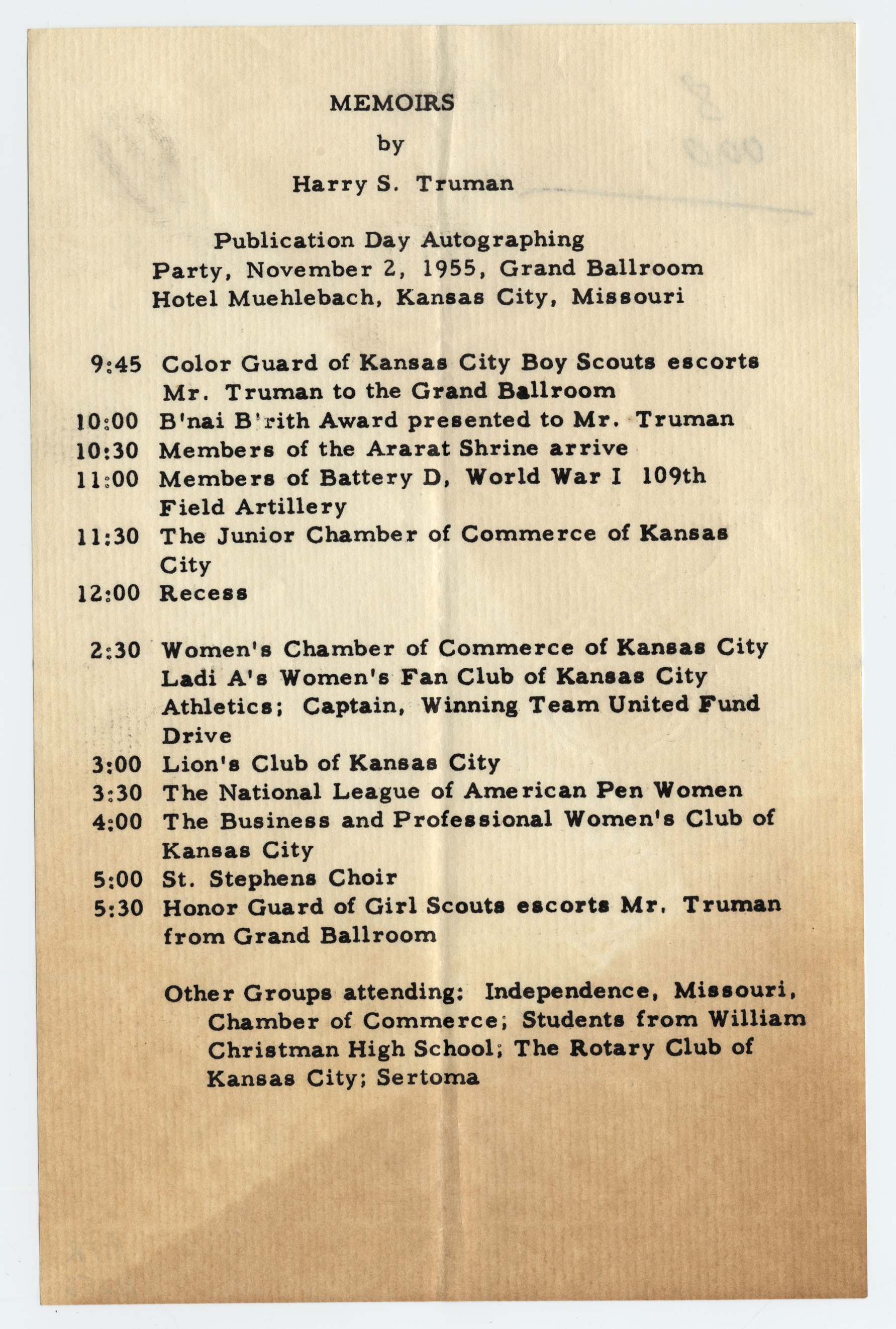 An itinerary typed on white paper.