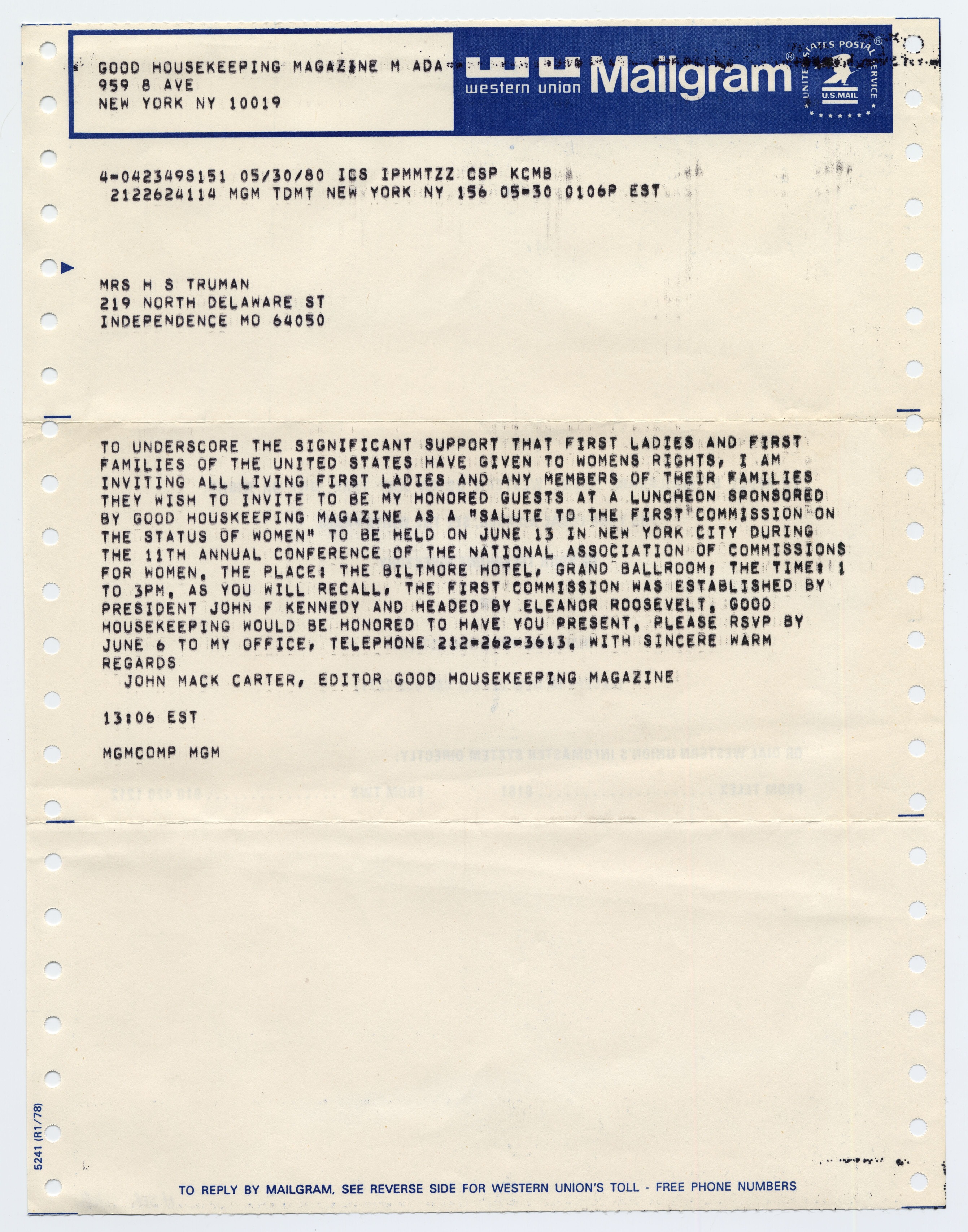 A telegram with a typed letter from Western Union.