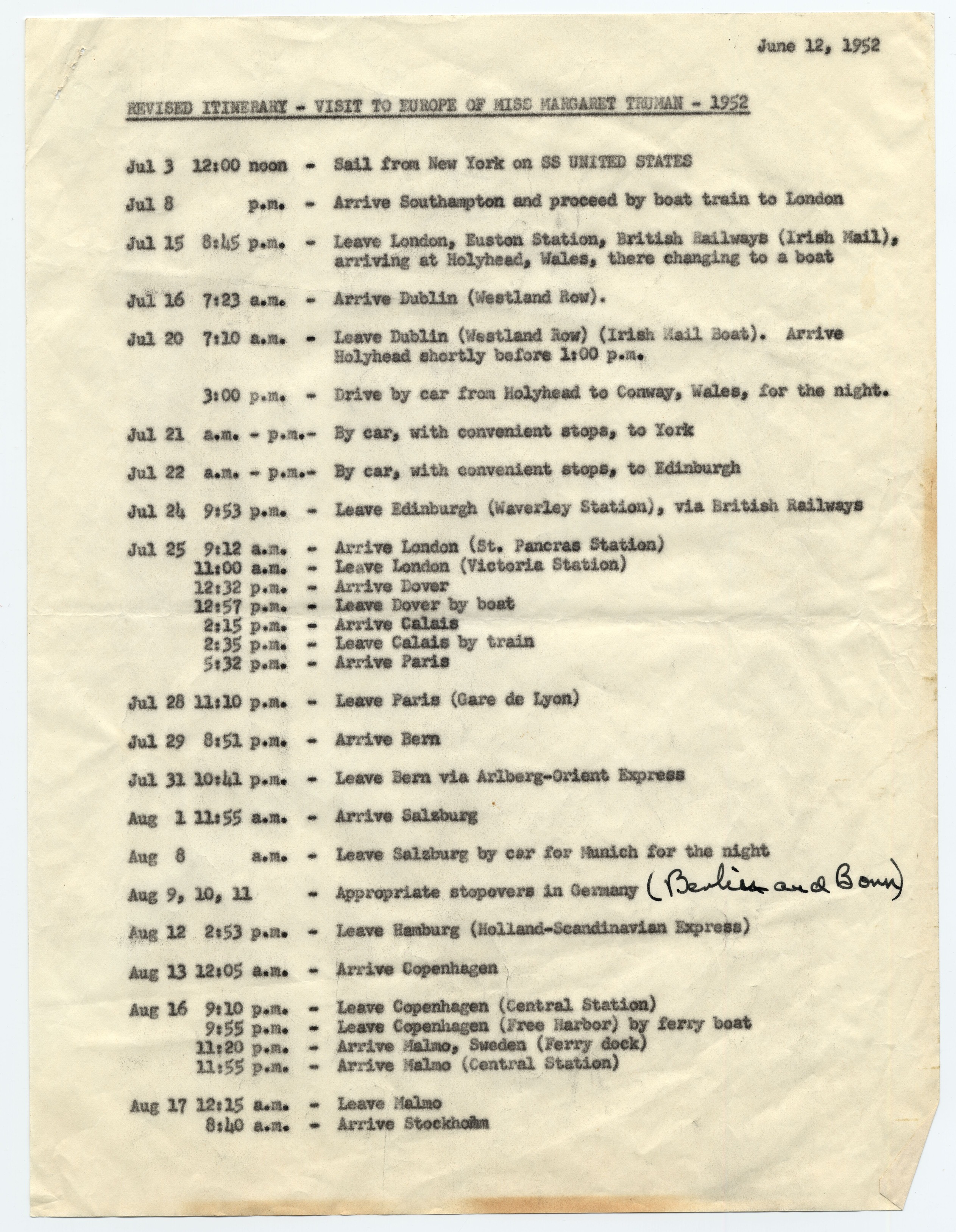 An itinerary typed on copy paper.