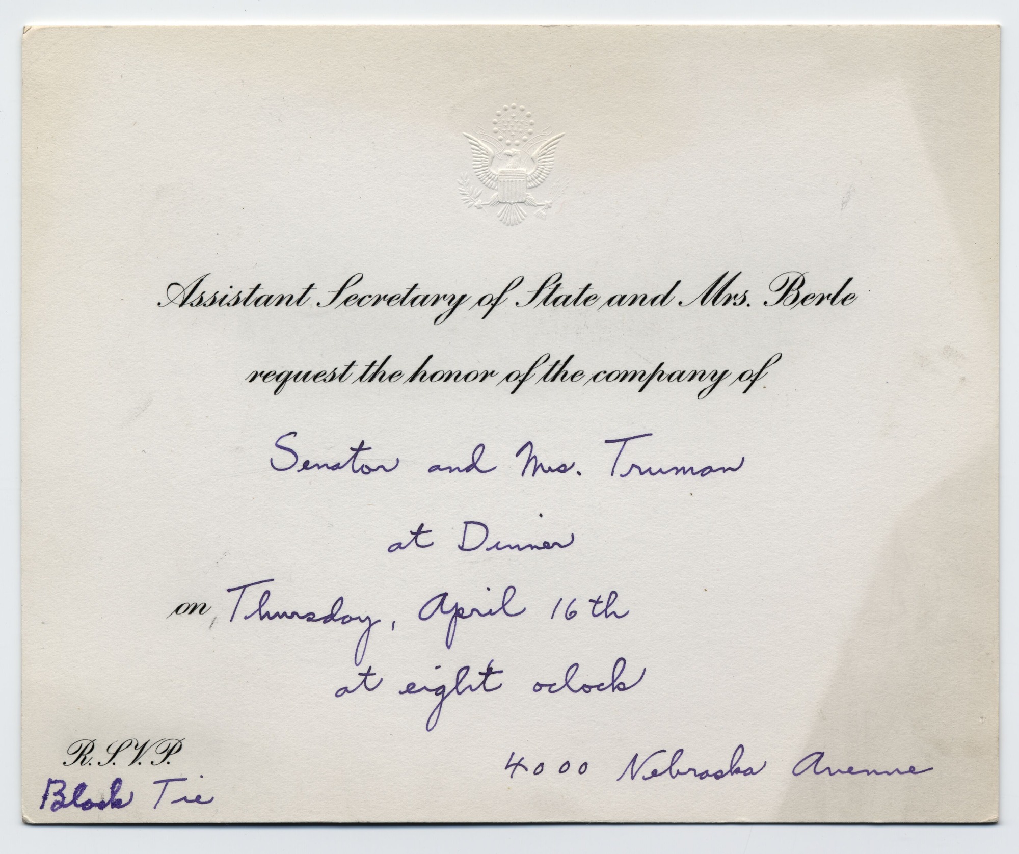 A grey invitation with printed and written words.