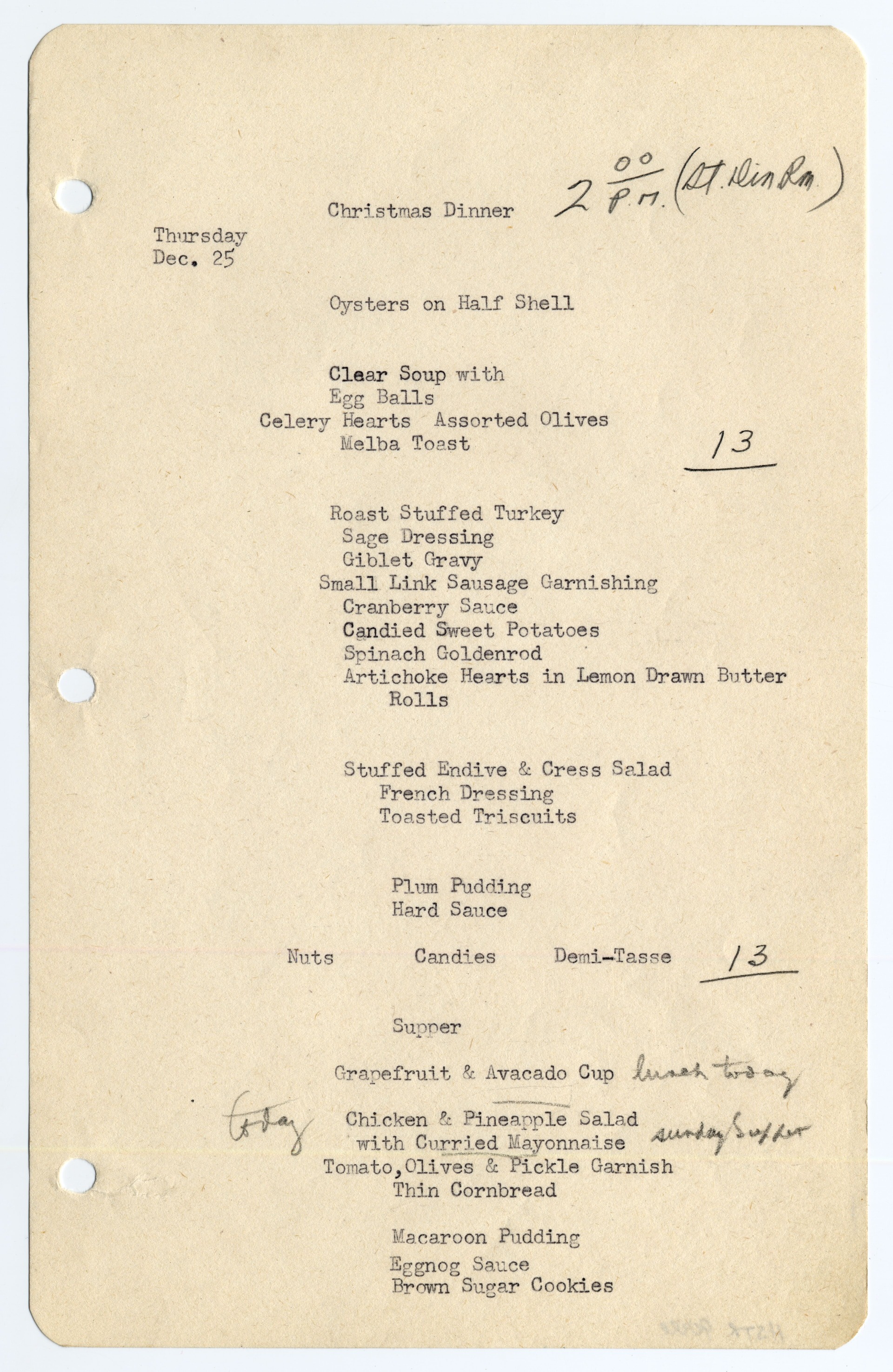 Menus typed on white paper with three hole punches on the left side.